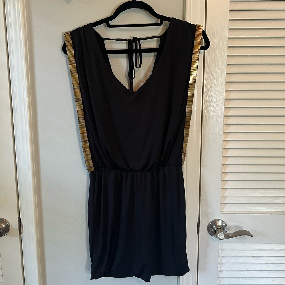 Black, Bohemian Dress. Gold boho bead detail. Open back with tie. Size small